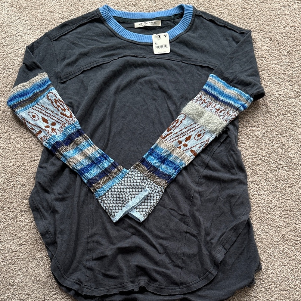 NWT Free People Long Sleeve Top with Patterned Sleeves size M